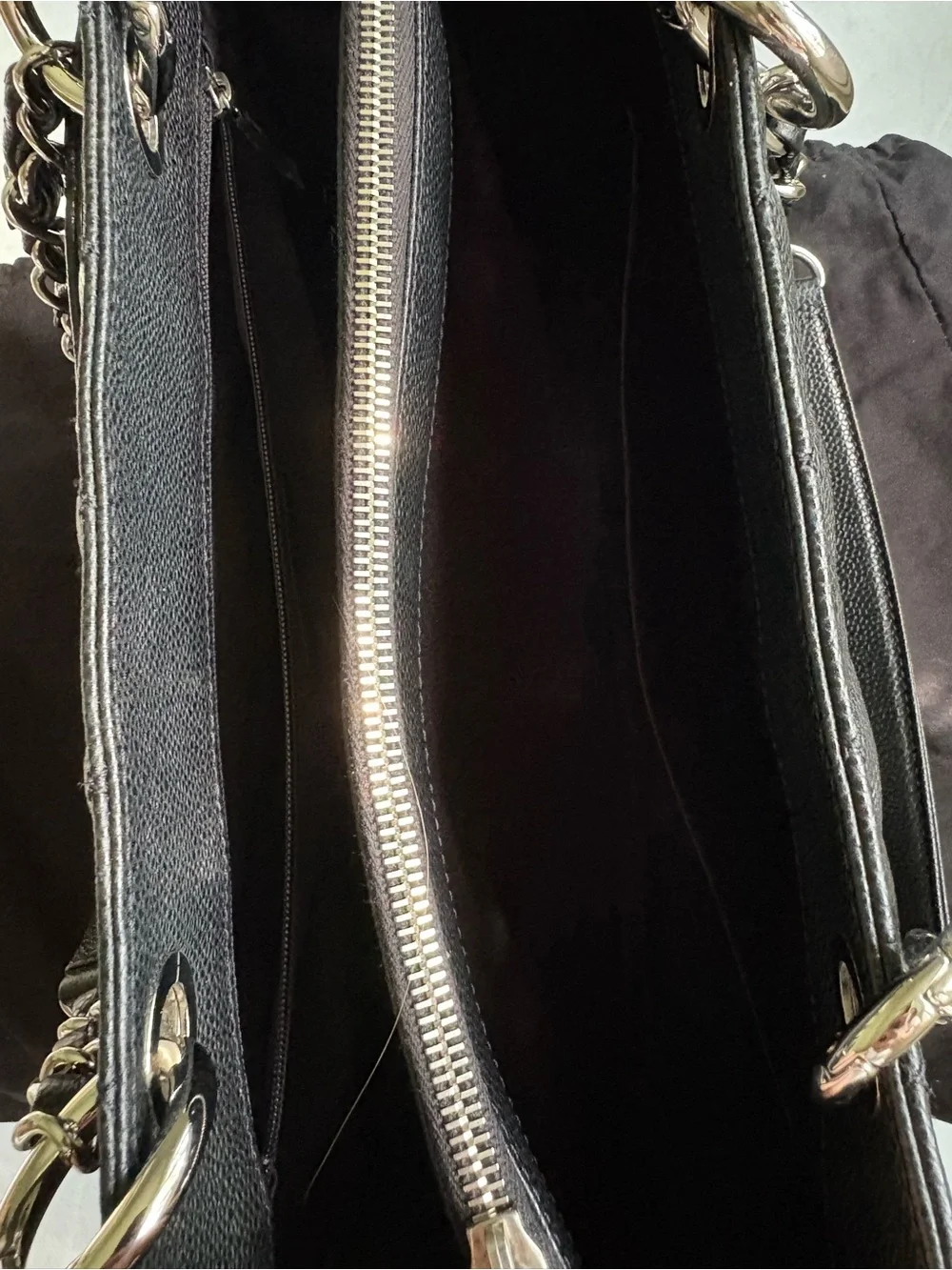 CHANEL Black Quilted Caviar Leather Tote with Silver Chain Handles